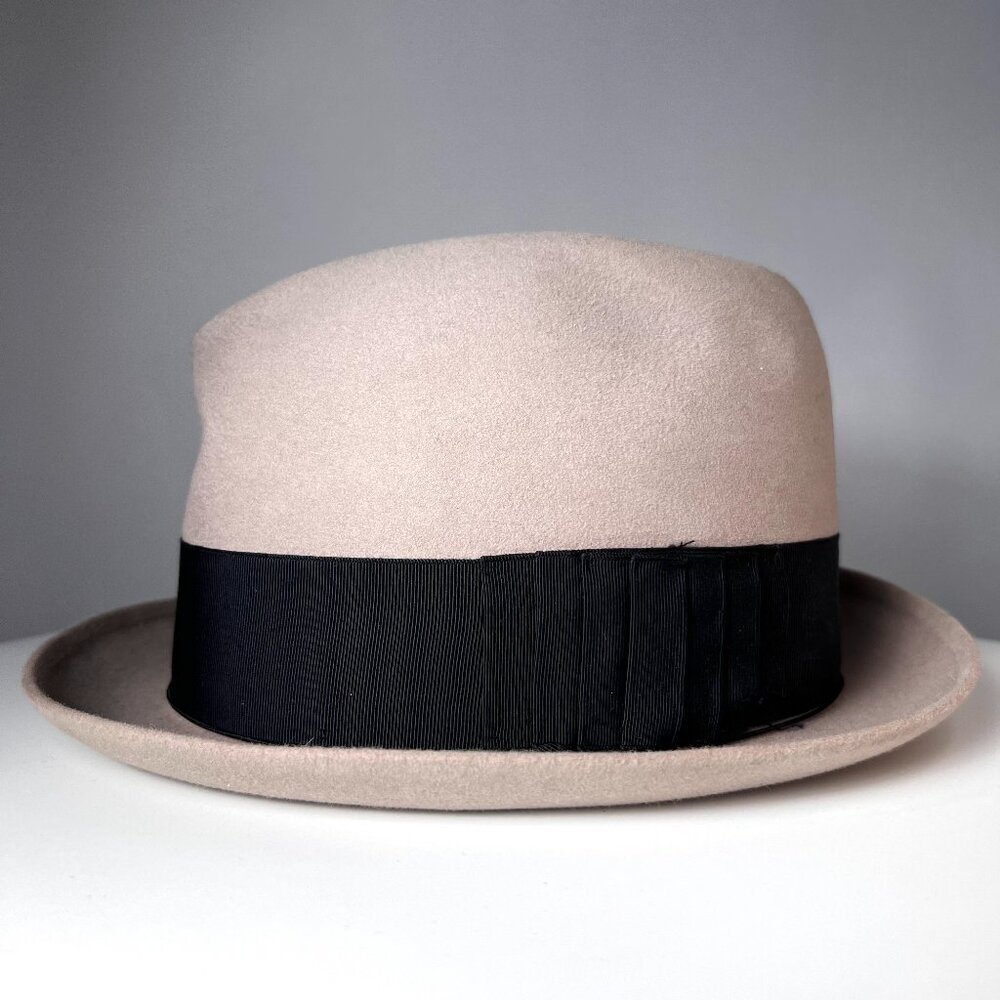 BORSALINO Vintage Beige Fedora Hat with Black Silk Ribbon, Made in Italy